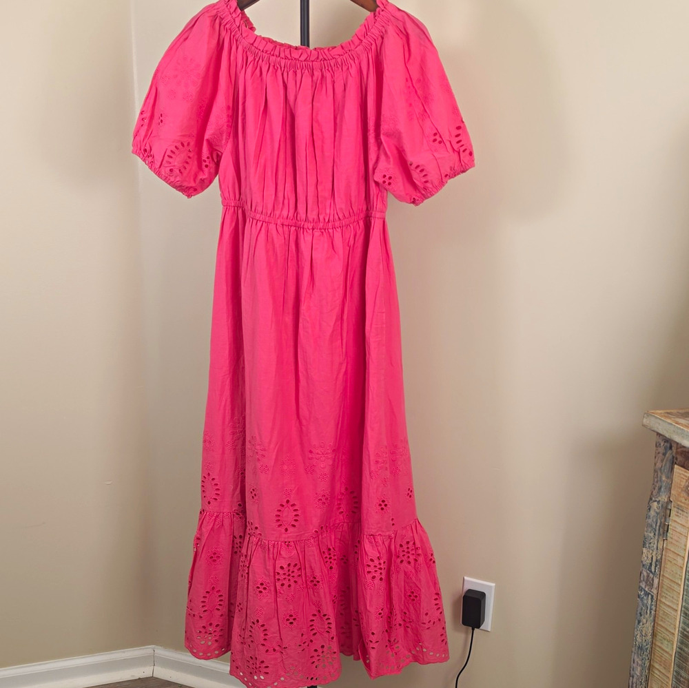 L.O.V Pink Eyelet Embroidered Sundress Off Shoulder Puff Sleeve Midi 2XL